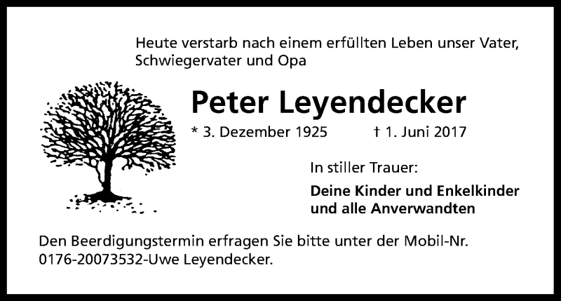  Traueranzeige für Peter Leyendecker vom 10.06.2017 aus Kölner Stadt-Anzeiger / Kölnische Rundschau / Express