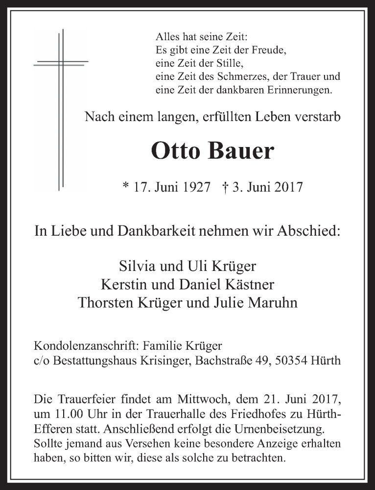  Traueranzeige für Otto Bauer vom 14.06.2017 aus  Wochenende 