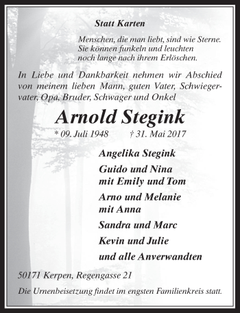 Anzeige von Arnold Stegink von  Werbepost 