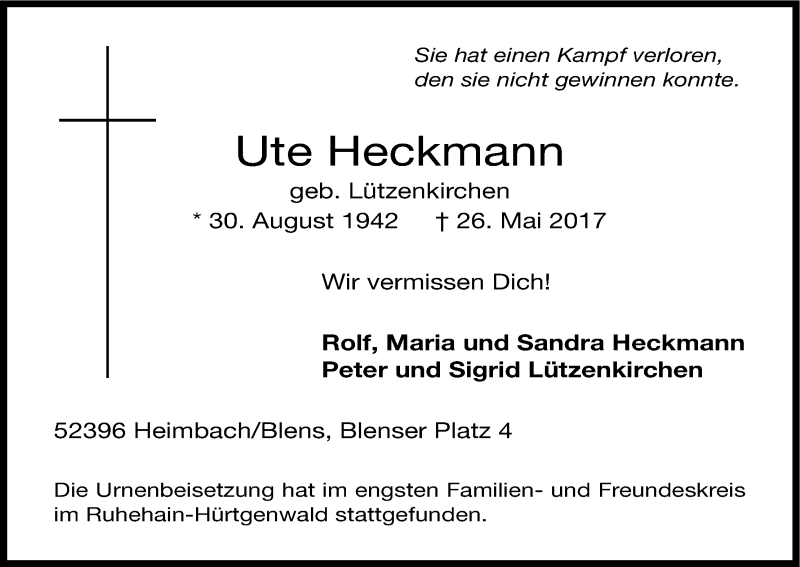  Traueranzeige für Ute Heckmann vom 10.06.2017 aus Kölner Stadt-Anzeiger / Kölnische Rundschau / Express