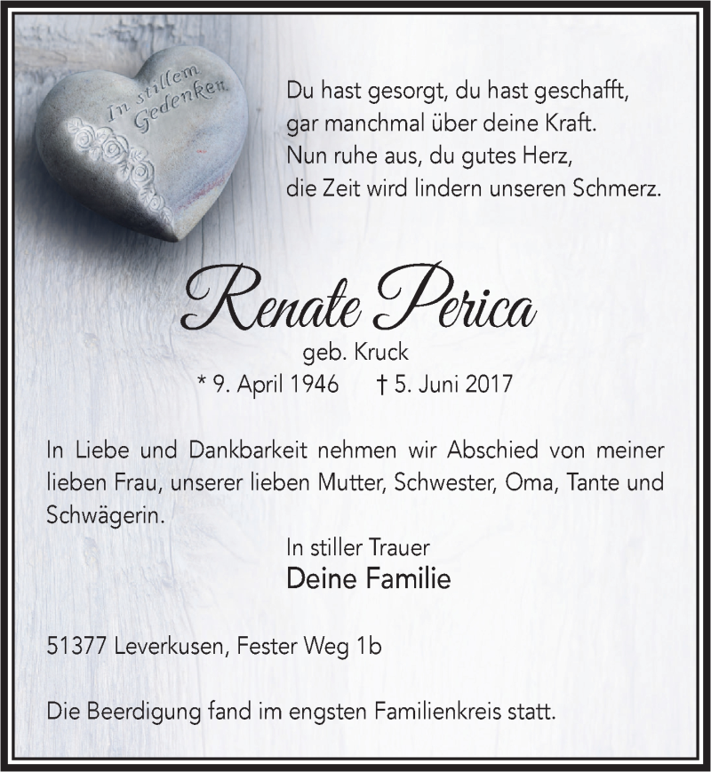  Traueranzeige für Renate Perica vom 28.06.2017 aus  Lokale Informationen 