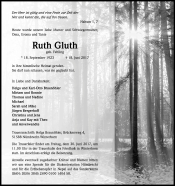 Anzeige von Ruth Gluth von Kölner Stadt-Anzeiger / Kölnische Rundschau / Express