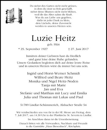 Anzeige von Luzie Heitz von Kölner Stadt-Anzeiger / Kölnische Rundschau / Express