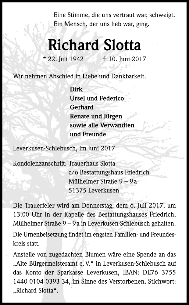  Traueranzeige für Richard Slotta vom 01.07.2017 aus Kölner Stadt-Anzeiger / Kölnische Rundschau / Express
