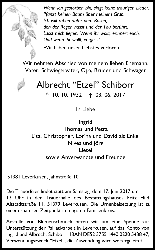  Traueranzeige für Albrecht  Schiborr vom 10.06.2017 aus Kölner Stadt-Anzeiger / Kölnische Rundschau / Express
