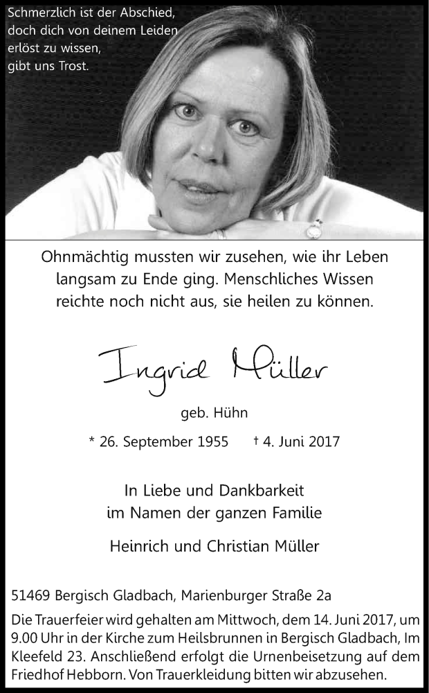  Traueranzeige für Ingrid Müller vom 09.06.2017 aus Kölner Stadt-Anzeiger / Kölnische Rundschau / Express
