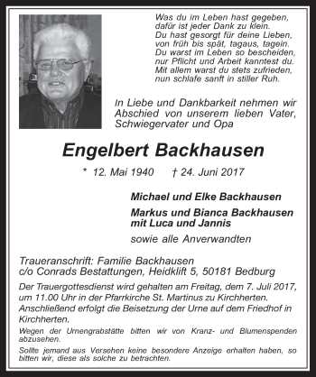 Anzeige von Engelbert Backhausen von  Sonntags-Post 