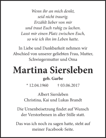 Anzeige von Martina Siersleben von  Kölner Wochenspiegel 
