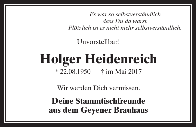  Traueranzeige für Holger Heidenreich vom 14.06.2017 aus  Wochenende 