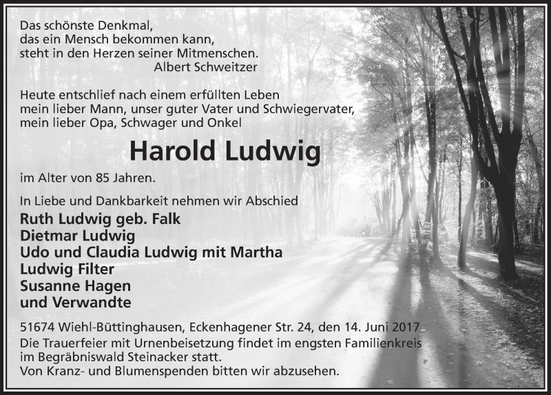  Traueranzeige für Harold Ludwig vom 21.06.2017 aus  Anzeigen Echo 