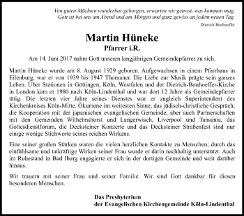Anzeige von Martin Hüneke von Kölner Stadt-Anzeiger / Kölnische Rundschau / Express