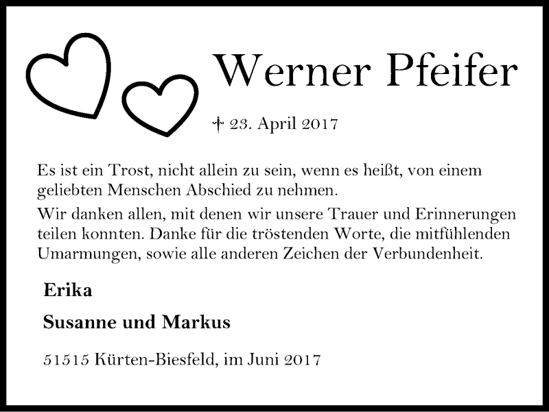  Traueranzeige für Werner Pfeifer vom 10.06.2017 aus Kölner Stadt-Anzeiger / Kölnische Rundschau / Express