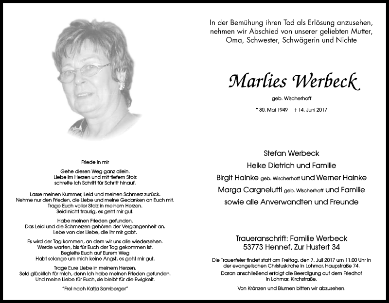  Traueranzeige für Marlies Werbeck vom 01.07.2017 aus Kölner Stadt-Anzeiger / Kölnische Rundschau / Express