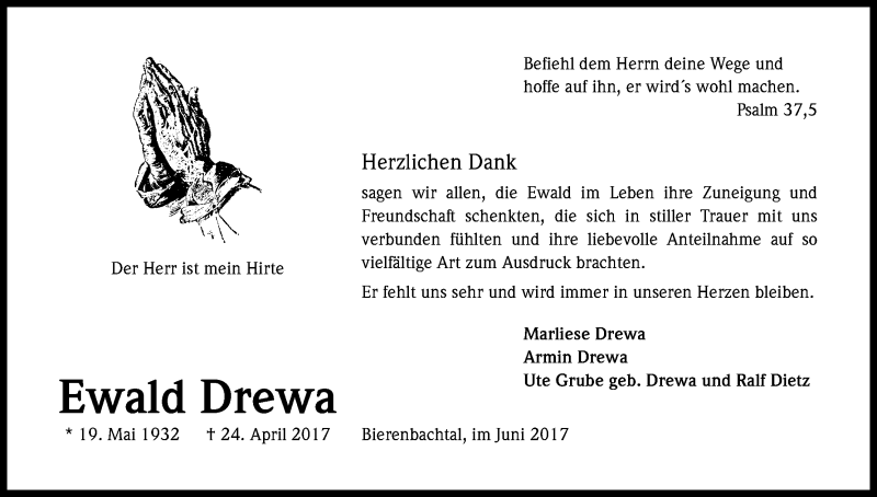  Traueranzeige für Ewald Drewa vom 01.07.2017 aus Kölner Stadt-Anzeiger / Kölnische Rundschau / Express