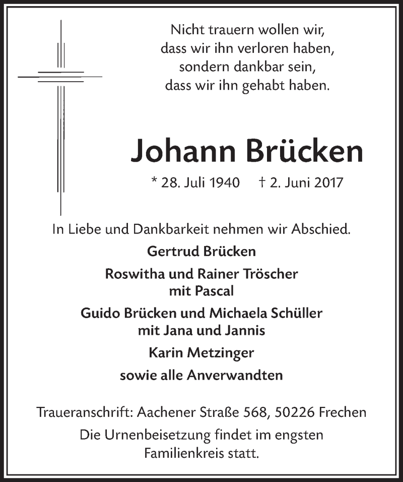  Traueranzeige für Johann Brücken vom 10.06.2017 aus  Sonntags-Post 