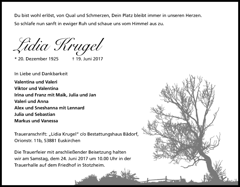  Traueranzeige für Lidia Krugel vom 23.06.2017 aus Kölner Stadt-Anzeiger / Kölnische Rundschau / Express