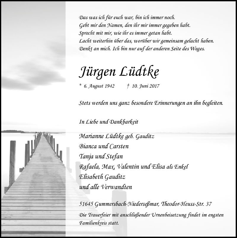  Traueranzeige für Jürgen Lüdtke vom 14.06.2017 aus  Anzeigen Echo 