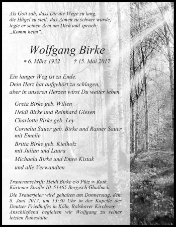 Anzeige von Wolfgang Birke von Kölner Stadt-Anzeiger / Kölnische Rundschau / Express