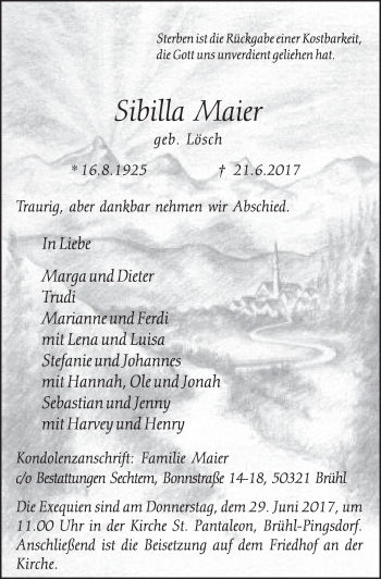 Anzeige von Sibilla Maier von  Schlossbote/Werbekurier 