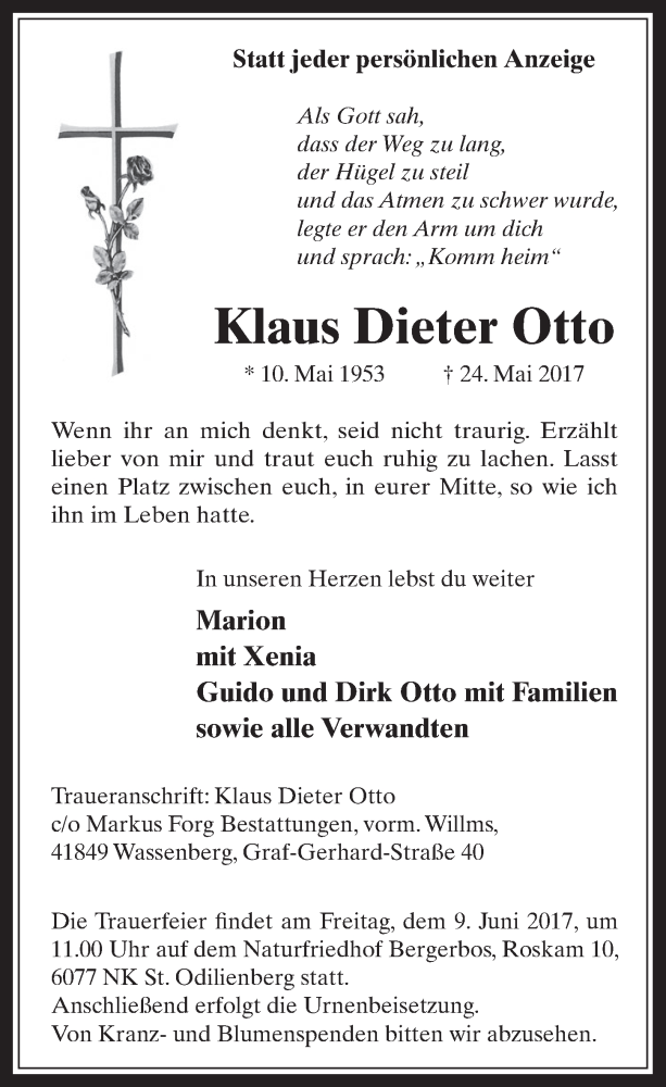  Traueranzeige für Klaus Dieter Otto vom 03.06.2017 aus  Sonntags-Post 