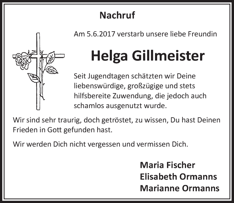  Traueranzeige für Helga Gillmeister vom 21.06.2017 aus  Schlossbote/Werbekurier 