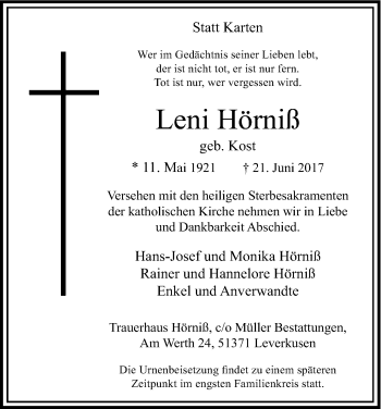 Anzeige von Leni Hörniß von Kölner Stadt-Anzeiger / Kölnische Rundschau / Express