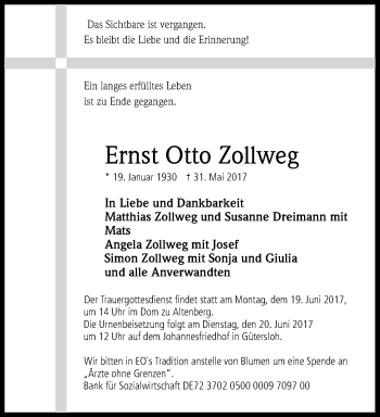 Anzeige von Ernst Otto Zollweg von Kölner Stadt-Anzeiger / Kölnische Rundschau / Express