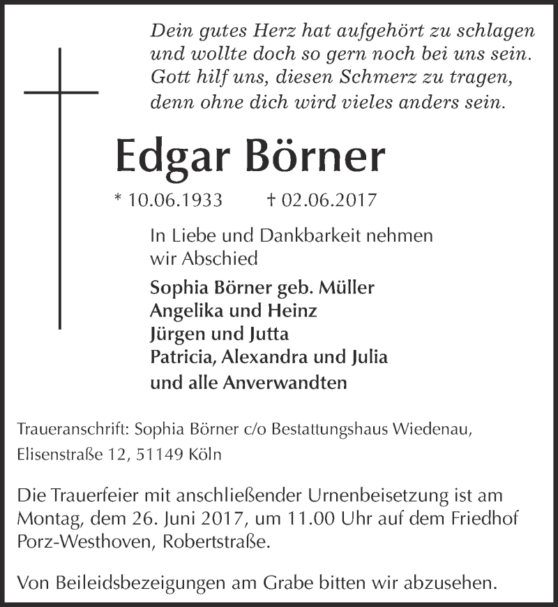  Traueranzeige für Edgar Börner vom 14.06.2017 aus  Kölner Wochenspiegel 