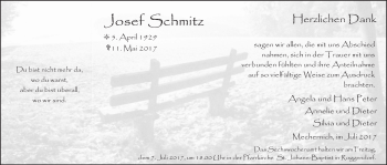 Anzeige von josef Schmitzherzlichen Dank von  Blickpunkt Euskirchen 