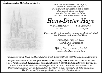 Anzeige von Hans-Dieter Haye von  Blickpunkt Euskirchen 