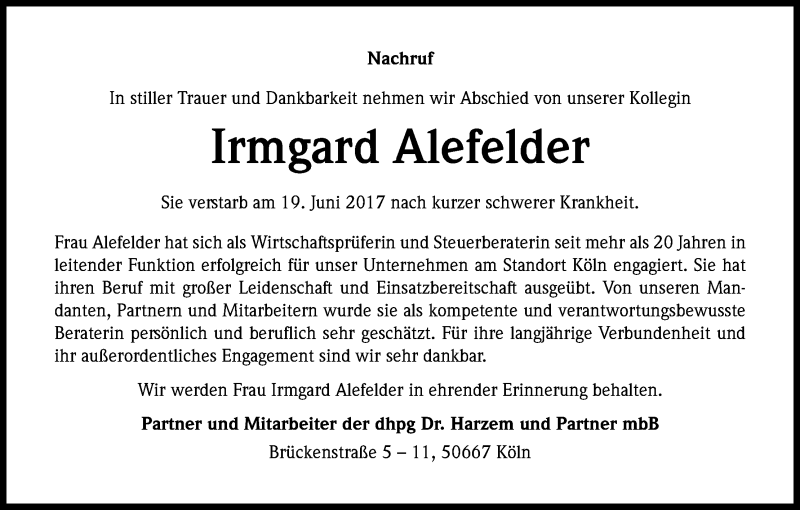  Traueranzeige für Irmgard Alefelder vom 24.06.2017 aus Kölner Stadt-Anzeiger / Kölnische Rundschau / Express