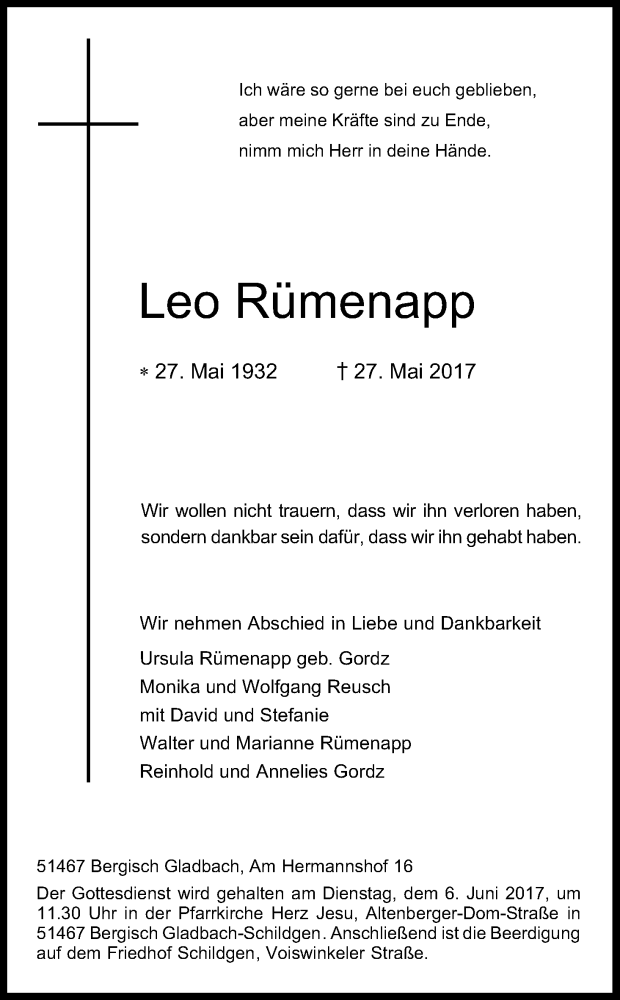  Traueranzeige für Leo Rümenapp vom 02.06.2017 aus Kölner Stadt-Anzeiger / Kölnische Rundschau / Express
