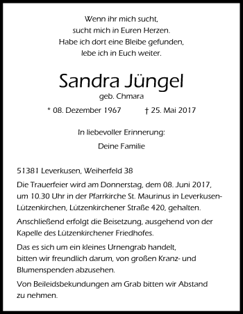 Anzeige von Sandra Jüngel von Kölner Stadt-Anzeiger / Kölnische Rundschau / Express