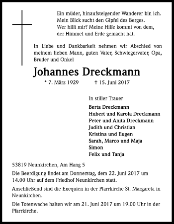 Anzeige von Johannes Dreckmann von Kölner Stadt-Anzeiger / Kölnische Rundschau / Express