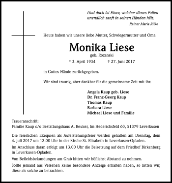 Anzeige von Monika Liese von Kölner Stadt-Anzeiger / Kölnische Rundschau / Express
