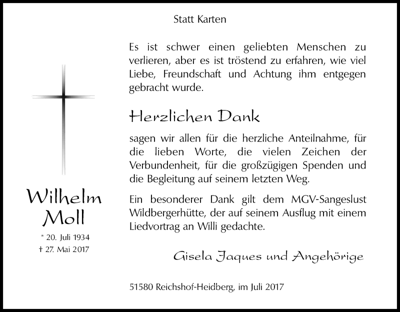  Traueranzeige für Wilhelm Moll vom 01.07.2017 aus Kölner Stadt-Anzeiger / Kölnische Rundschau / Express