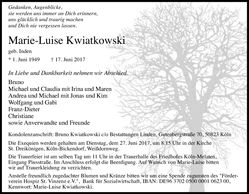  Traueranzeige für Marie-Luise Kwiatkowski vom 24.06.2017 aus Kölner Stadt-Anzeiger / Kölnische Rundschau / Express