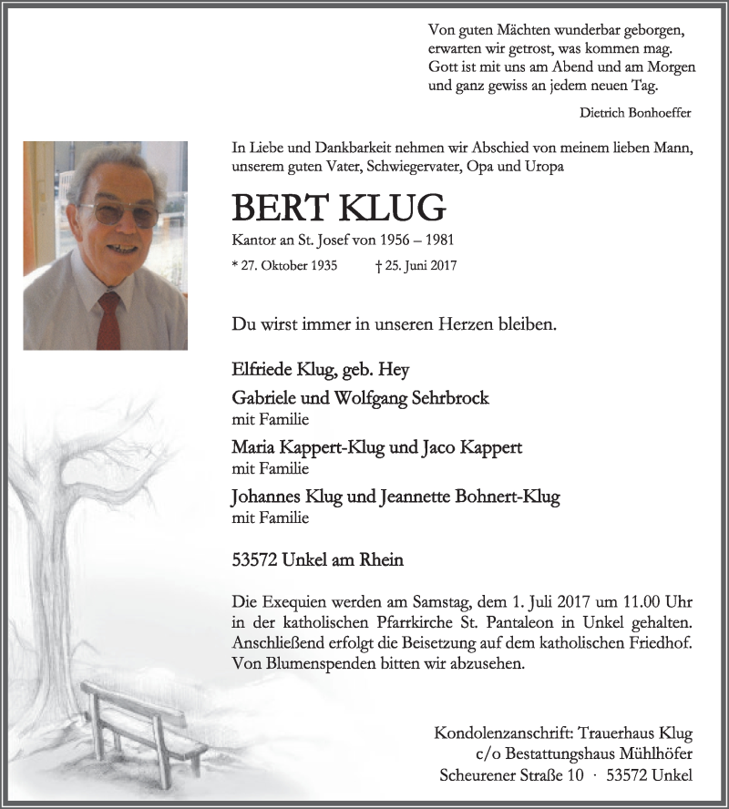  Traueranzeige für Bert Klug vom 28.06.2017 aus  Schlossbote/Werbekurier 
