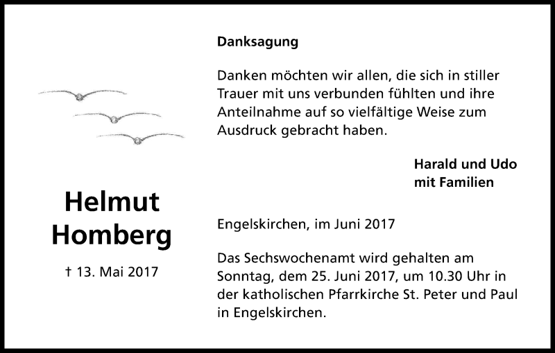  Traueranzeige für Helmut Homberg vom 17.06.2017 aus Kölner Stadt-Anzeiger / Kölnische Rundschau / Express