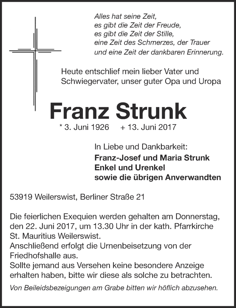  Traueranzeige für Franz Strunk vom 17.06.2017 aus  Blickpunkt Euskirchen 