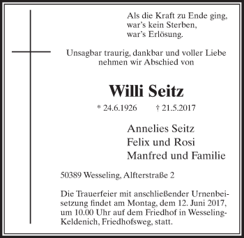Anzeige von Willi Seitz von  Schlossbote/Werbekurier 