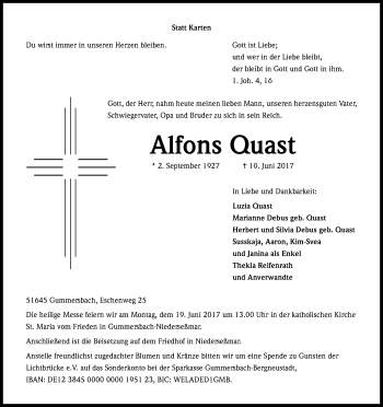 Anzeige von Alfons Quast von Kölner Stadt-Anzeiger / Kölnische Rundschau / Express