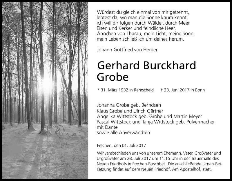  Traueranzeige für Gerhard Burckhard Grobe vom 01.07.2017 aus Kölner Stadt-Anzeiger / Kölnische Rundschau / Express