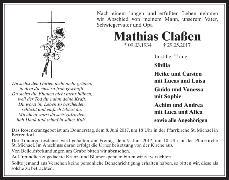  Traueranzeige für Mathias Claßen vom 07.06.2017 aus  Werbepost 