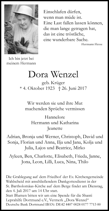 Anzeige von Dora Wenzel von Kölner Stadt-Anzeiger / Kölnische Rundschau / Express