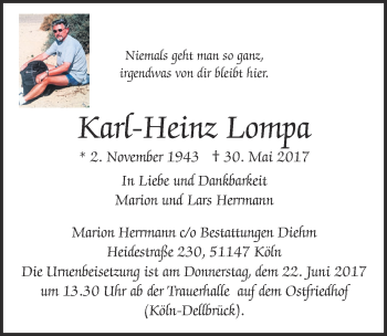 Anzeige von Karl-Heinz Lompa von  Kölner Wochenspiegel 