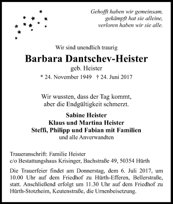 Anzeige von Barbara Dantschev-Heister von Kölner Stadt-Anzeiger / Kölnische Rundschau / Express