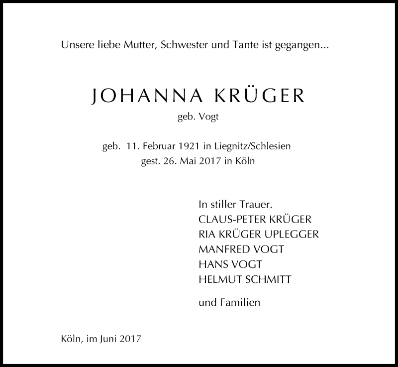  Traueranzeige für Johanna Krüger vom 10.06.2017 aus Kölner Stadt-Anzeiger / Kölnische Rundschau / Express