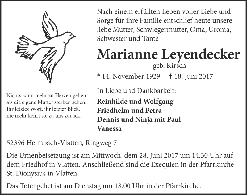  Traueranzeige für Marianne Leyendecker vom 24.06.2017 aus  Blickpunkt Euskirchen 