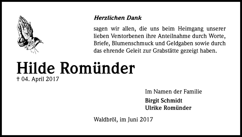  Traueranzeige für Hilde Romünder vom 03.06.2017 aus Kölner Stadt-Anzeiger / Kölnische Rundschau / Express